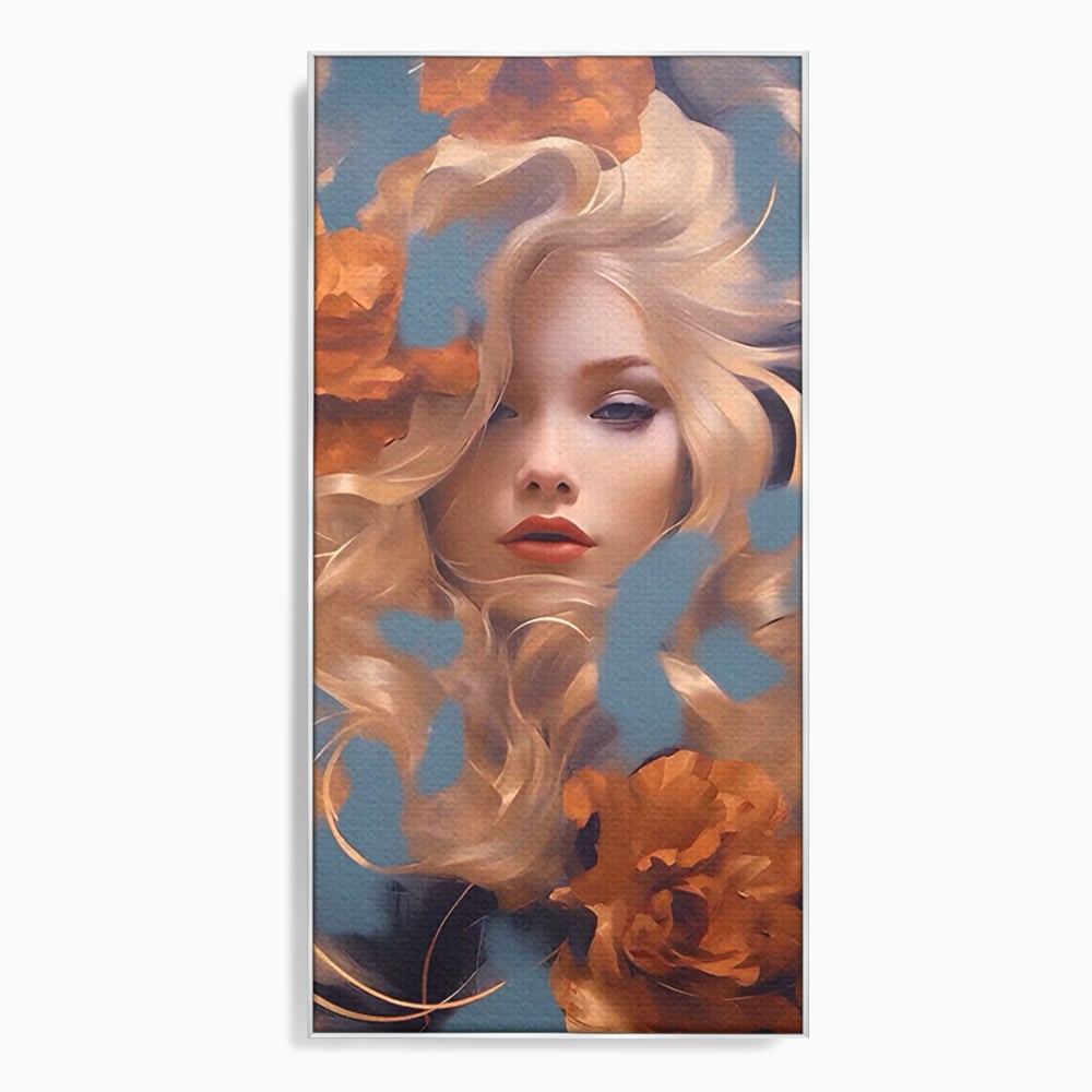 Tablou canvas cu portret de femeie cu flori portocalii, in rama de aluminiu argintiu